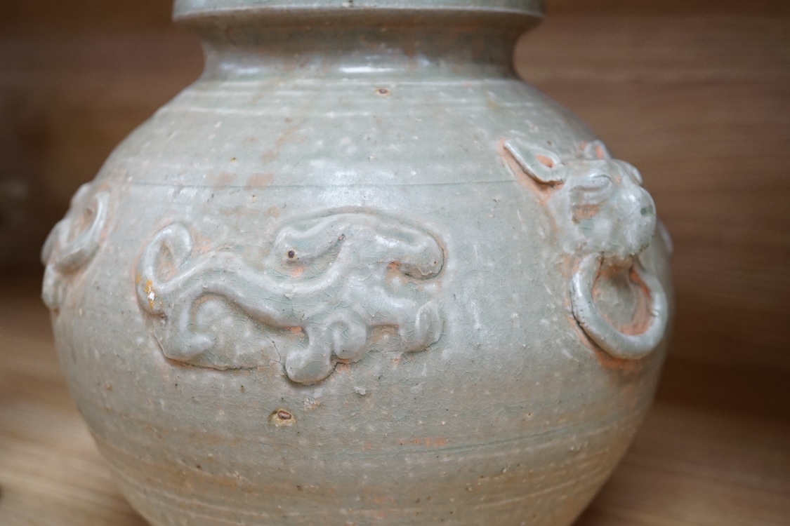 A celadon glazed archaistic Han style vase and Gu vase, largest 21cm high